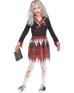 Image of girl wearing zombie school uniform costume.